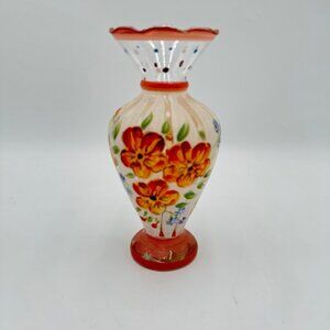 Tracy Porter Hand Painted Clear Blown Glass Bud Vase Floral Flowers Ruffled Edge